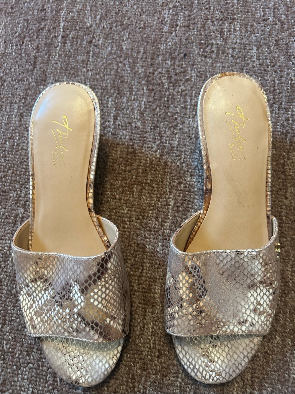 Metallic Snakeskin Slide Sandals - Gold